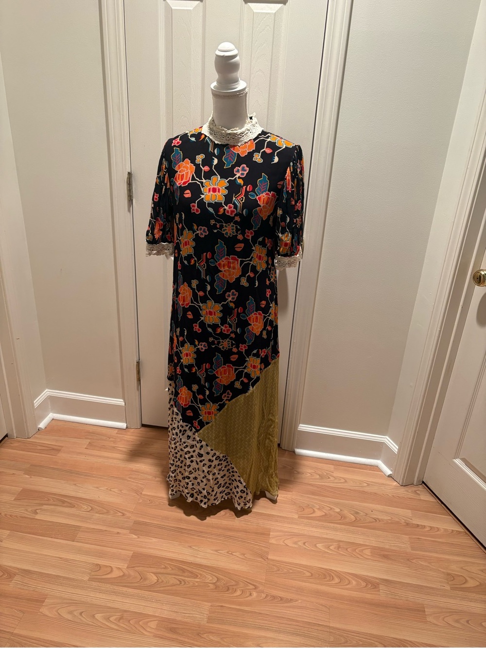 Black Floral Patchwork Maxi Dress with Lace Trim